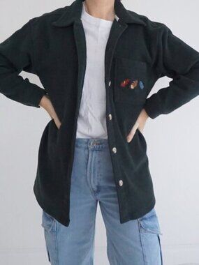 Vintage '90S Cherokee Hunter Green Embroidered Feathers Button Up Shacket S